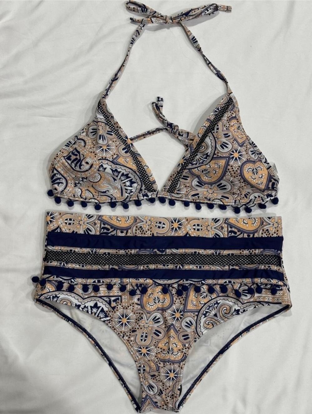 Paisley High Waist Bikini Set XL Mesh Pom Pom Boho Swim NWT